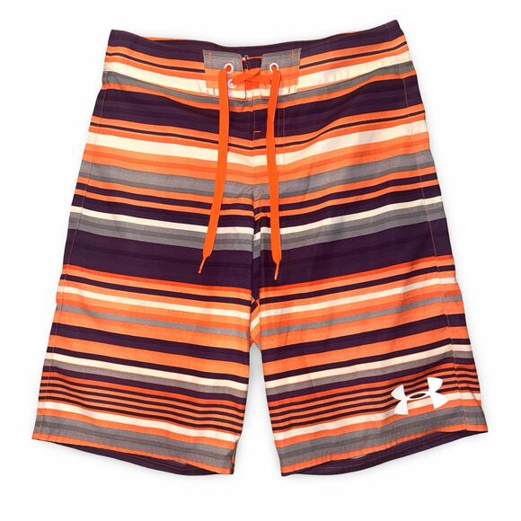 Under Armour HeatGear Board Shorts Men's 28 Orange Purple Striped Swim Trunks - Picture 1 of 10